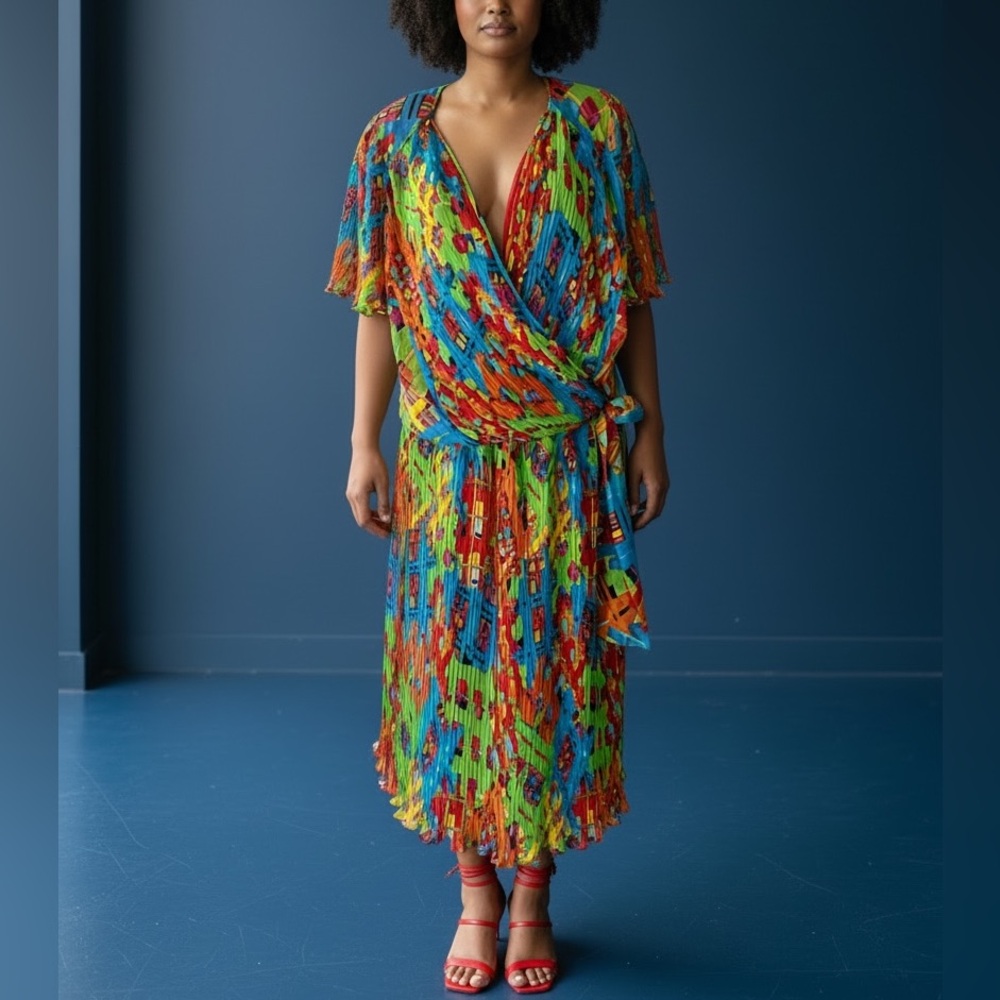 Vtg 80s Diane Freis Colorful Print Skirt Set Fits L/XL Micro Pleated Maximalism